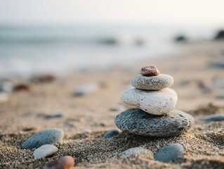 Calm beach scene with a balanced stack of smooth stones on sandy shore near ocean waves and a blurred background of sea and sky