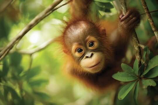 Close-up of a young adorable orangutan with expressive eyes clinging to green tree branches in a lush tropical rainforest environment