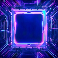 cybernetic motifs and pulsating neon circuits framed by an angular futuristic border hightech and electrifying