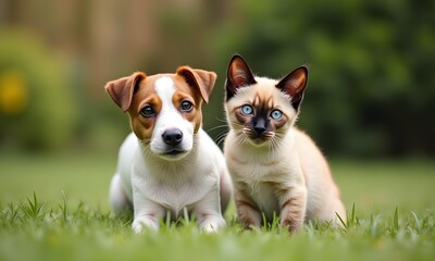Fototapeta premium Jack Russell Terrier Puppy and Siamese Kitten Curious and Friendly Sitting Together in Lush Grass Against a Softly Blurred Green Background