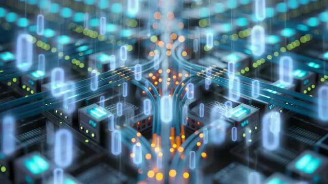 Data center network cables connections and fiber optics technology infrastructure hub