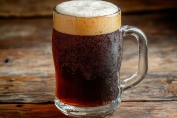 Frosty Beer Mug with Foam on Rustic Table