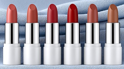 Elegant Display of White Lipstick Tubes on Soft Blue Fabric