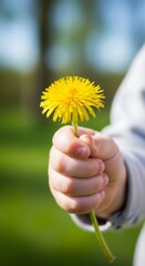 Child's Hand Holds a Bright Yellow Dandelion in Soft Focus