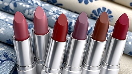 Elegant White Lipstick Tubes Arranged on Floral Fabric Background