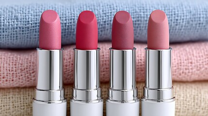 Variety of Lipstick Tubes in Elegant Silver Packaging on Fabric Background