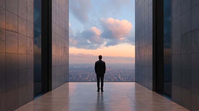 A businessman stands alone in a modern, minimalist space, gazing out at a vibrant cityscape during sunset, This image conveys themes of ambition, contemplation, and success - Powered by Adobe