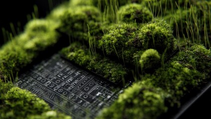 Close-up of a modern digital calculator with a backlit display surrounded by lush green moss and plants in a nature-themed environment