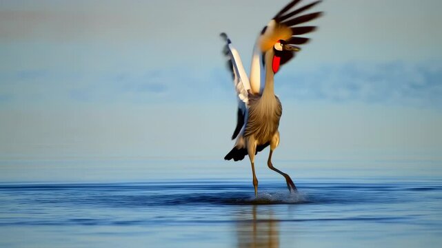 Grey Crowned Crane taking flight from calm water, wings wide and creating splashes