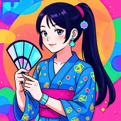 Young Japanese woman in traditional blue yukata (summer kimono) with a fan. Anime style illustration for a summer festival (matsuri). Bright pop art background with abstract circles