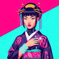 Young Japanese woman in traditional blue yukata (summer kimono) with a fan. Anime style illustration for a summer festival (matsuri). Bright pop art background with abstract circles
