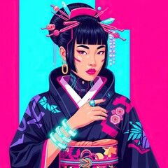 Young Japanese woman in traditional blue yukata (summer kimono) with a fan. Anime style illustration for a summer festival (matsuri). Bright pop art background with abstract circles