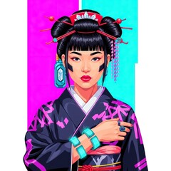 Young Japanese woman in traditional blue yukata (summer kimono) with a fan. Anime style illustration for a summer festival (matsuri). Bright pop art background with abstract circles