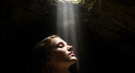 Woman looking upwards with light shining down from a cave opening. Hope and natural wonder concept. Adventure travel.