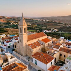 Aerial photography of an old stone church. Historical architecture of southern Europe (Spain, Italy, Malta). View of the old town with tiled roofs. Tourist destination at sunset