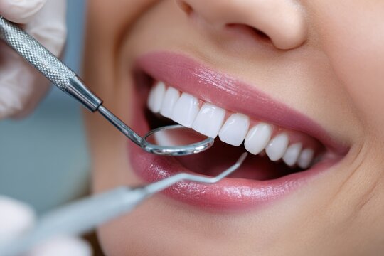 Close-up of a smiling woman du dental checkup with a dental mirror and cleaning instrument showing healthy white teeth and pink gums