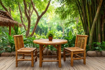 Bamboo table and chairs on a wooden deck in a lush tropical garden