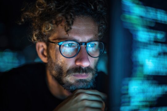 Close-up of a serious male cybersecurity professional wea glasses working on data analysis on multiple computer screens with code and digital information