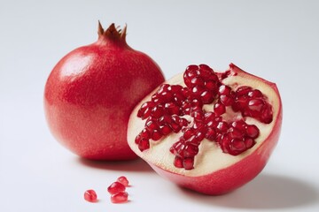 Fresh Whole Pomegranate and Halved Pomegranate with Juicy Red Seeds on White Surface for Healthy Snack or Fruit Theme Photography