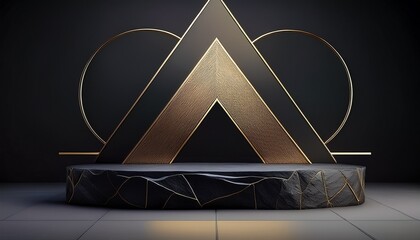 a stone podium with golden arches and a triangular shape on a black background a dark minimalistic design for product presentation
