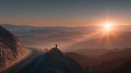 Scenic mountain landscape du sunrise with a winding road and a person celebrating with arms raised on a hilltop overlooking valleys and distant mountains