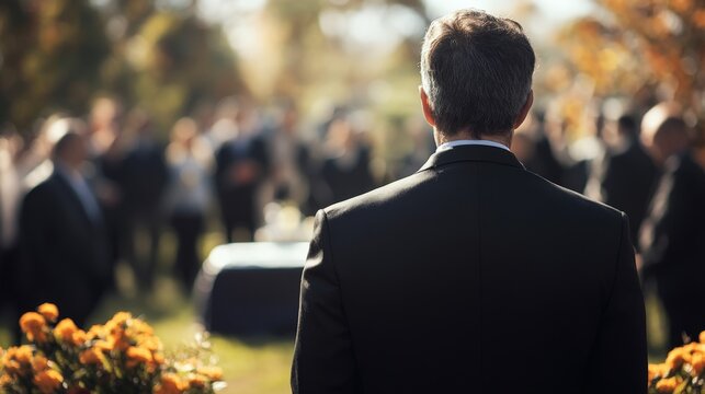 Person in a Black Suit with Funeral Background in a Group
