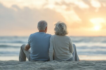 Fototapeta premium Romantic Couple Sitting at Beach Watching Sunset