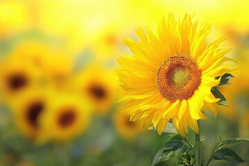 Fototapeta premium Bright Sunflower Flower in Full Bloom with Vibrant Yellow Petals and Rich Green Leaves Against a Sunny Sky Background