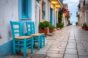 Turquoise chairs standing on cobblestone alley in picturesque greek village leading to the sea