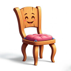 A wooden cartoon chair with a pink cushion and a happy face carved into the backrest. Smooth curves and a playful look.