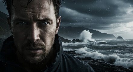 Close up portrait of a caucasian man with wet hair and a determined expression in a stormy sea environment at night.