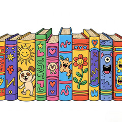 A row of standing books features bright and colorful covers with cheerful designs including animals, flowers, stars, and hearts. Each book spine is uniquely decorated in a whimsical, imaginative style