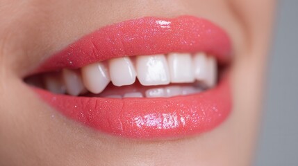 Obraz premium Close-up of smiling female with glossy pink lips and white teeth.