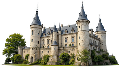 Fototapeta premium Majestic castle image showcasing intricate architecture, turrets, and lush greenery, exuding historical charm and fairytale-like grandeur on white backgrounds. AI generated. 