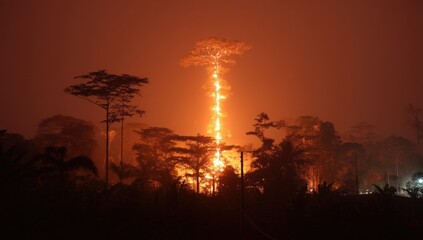 Naklejka premium Volcanic Eruption at Night with Lava Flowing and Explosive Fireworks Lighting Up the Sky Over Dense Forests and Silhouetted Trees