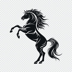 Black rearing horse silhouette with flowing mane and tail on transparent background for logo, tattoo, or graphic design use


