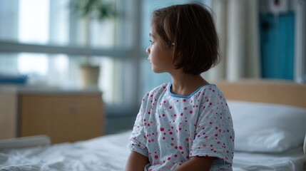 Young caucasian child in hospital gown sitting on bed looking sideways.
