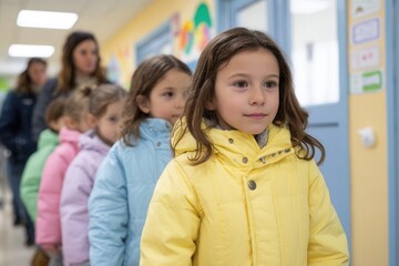 Young caucasian girls in colorful coats standing in line at school hallway.