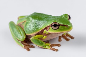 Obraz premium Close-up of a vibrant green tree frog with smooth skin and large dark eyes sitting on a plain white background showcasing amphibian nature