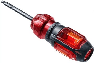 Fototapeta premium Close-up of a Precision Flat-Head Screwdriver with Red and Black Handle and Metal Tip for Mechanical and DIY Repairs