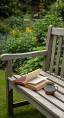 Serene Garden Bench: Open Book and Coffee Mug