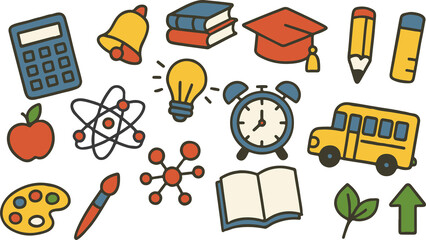 Assortment of Colorful School-Themed Doodle Icons