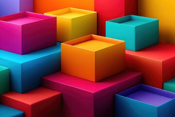 Obraz premium Colorful 3D Cubes Arrangement in Bright Neon Shades for Modern Abstract Geometric Art and Creative Design Visuals