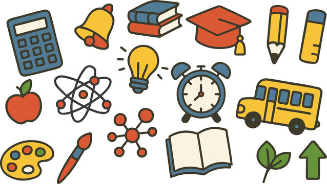 Assortment of Colorful School-Themed Doodle Icons