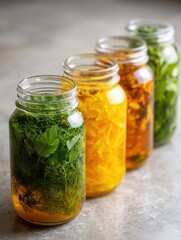 Colorful herb-infused jars filled with fresh ingredients on a rustic surface.