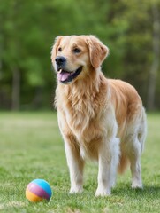 Golden retriever in green park with colorful ball.