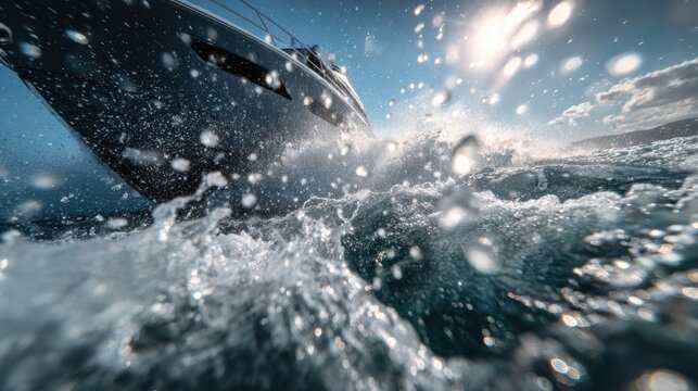 Captivating perspective of a luxury boat from below capturing the vibrant water splashes and complex wave patterns generated by the sleek hull emphasizing the thrill of maritime adventure.
