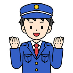 警備員の男性がガッツポーズをしている