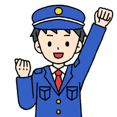 警備員の男性がガッツポーズをしている