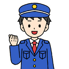 警備員の男性がガッツポーズをしている